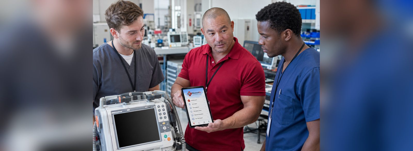 Biomedical equipment technicians reviewing the BiomedRx App home dashboard on a tablet in a hospital biomed shop
