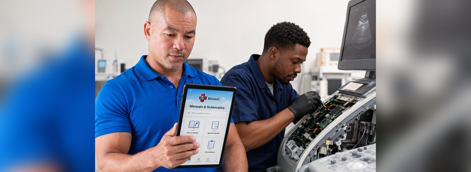 Wiring schematics open in the BiomedRx App during a board-level ultrasound system repair