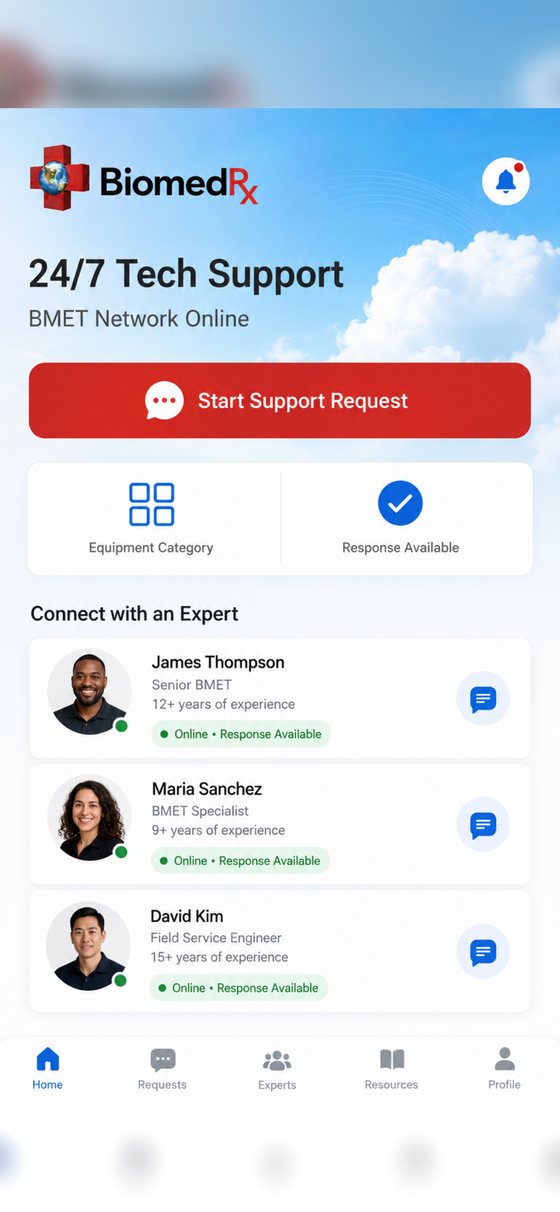 24/7 tech support in the BiomedRx App connecting to senior BMETs and field service engineers on the BiomedRx network