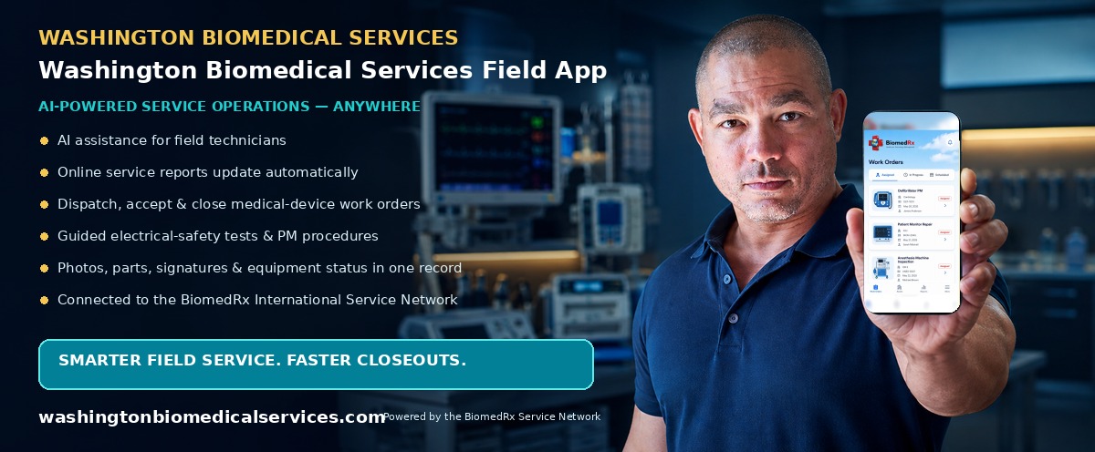 Washington Biomedical Field — AI-powered field-service mobile app; automatic online service reports, work-order dispatch, and closeout