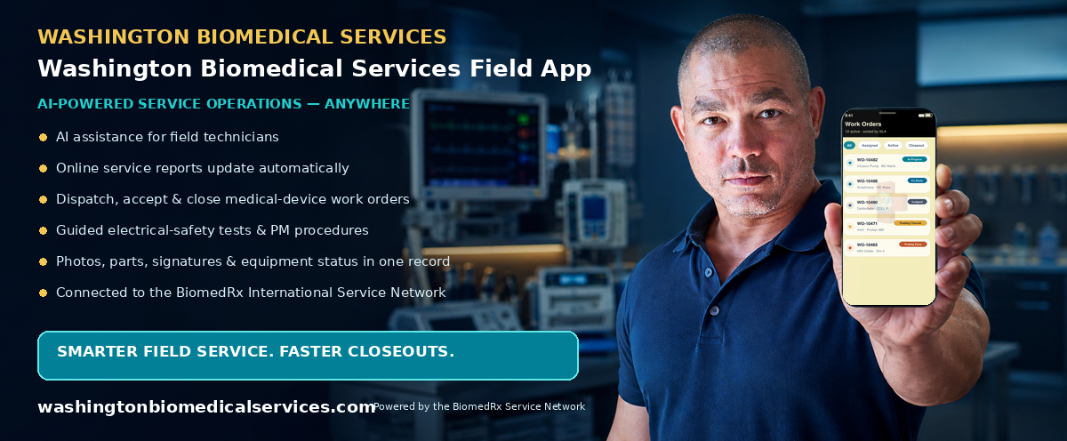 Washington Biomedical Field — AI-powered field-service mobile app; automatic online service reports, work-order dispatch, and closeout