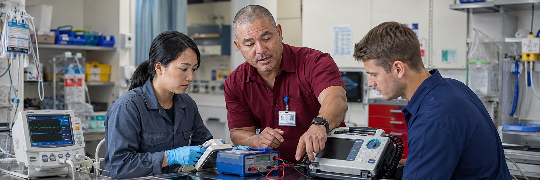 Biomedical equipment technicians performing anesthesia machine preventive maintenance