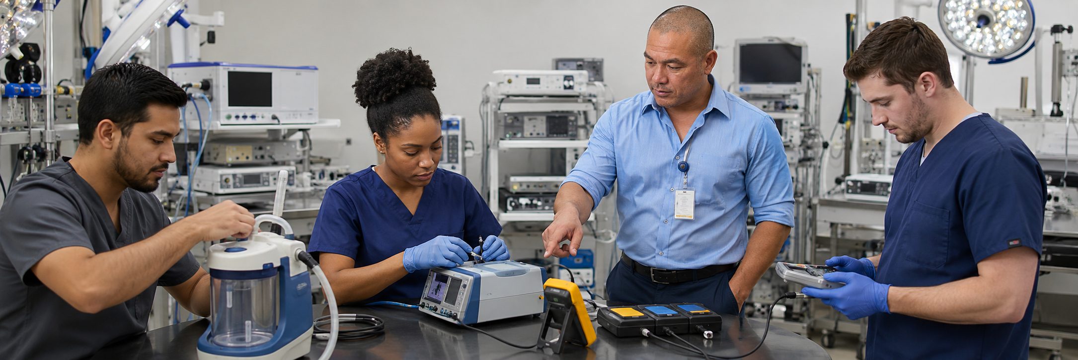 Biomedical technicians performing infusion pump preventive maintenance in an infusion suite