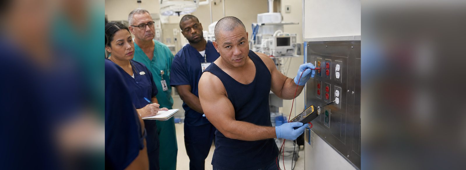 Isolated power receptacle troubleshooting in a patient care area with clinical staff recording findings