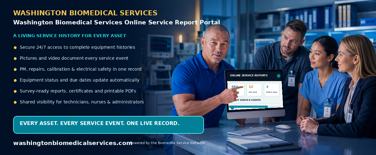 Washington Biomedical Services Online Service Report Portal — every service event, live in your secure online report portal; view a sample report